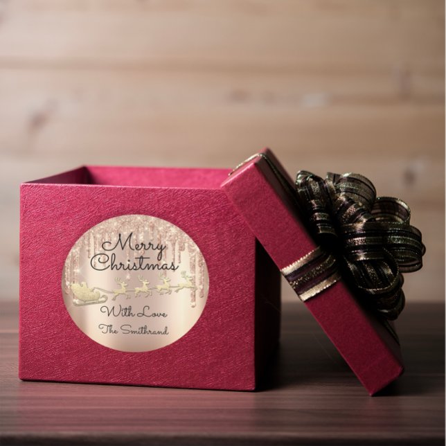 Adesivo Redondo Merry Christmas Tree Name Rosa Dourado Sleigh Driv (Merry Christmas Tree Name Rose Gold Sleigh Drips Classic Round Sticker)