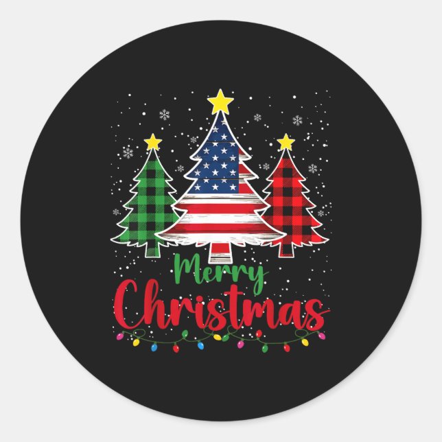 Adesivo Redondo Merry Christmas Tree Plaid Us Flag Snowflake Xmas  (Frente)
