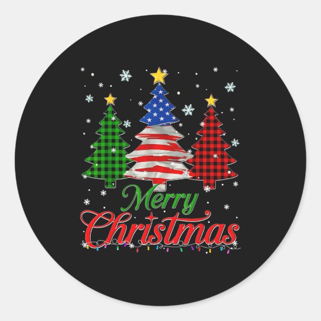 Adesivo Redondo Merry Christmas Tree Plaid Us Flag Snowflake Xmas  (Frente)