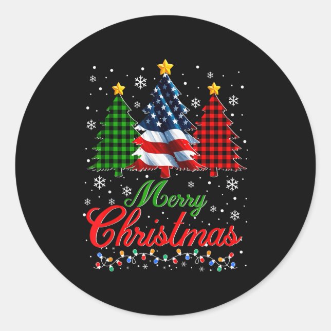 Adesivo Redondo Merry Christmas Tree Plaid Us Flag Snowflake Xmas  (Frente)
