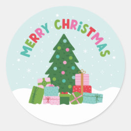Adesivo Redondo Merry Christmas Tree with Gifts in Aqua Blue