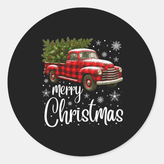 Adesivo Redondo Merry Christmas Truck Buffalo Plaid Xmas Tree Men  (Frente)