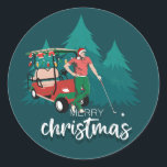 ADESIVO REDONDO MERRY CHRISTMAS VINTAGE GOLFER GOLFER CARRO<br><div class="desc">Vintage Feliz Natal,  jogador de golfe e história em quadrinhos de design de carros de golfe.</div>