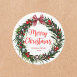 Adesivo Redondo merry christmas vintage wreath ornings red chic<br><div class="desc">deco de fundo por freepik.com merry christmas watercolor wreath com ornamentos metálicos coloridos e mensagem de caligrafia vermelha,  Classic Round Sticker</div>