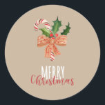 Adesivo Redondo Merry Christmas Watercolor Candy Cane<br><div class="desc">Esta vinheta de Natal redonda apresenta um gráfico festivo de aquarela de uma cana doce decorada com uma fita e um holly.</div>