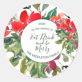Adesivo Redondo Merry Christmas Wreath Floral Green Address Label