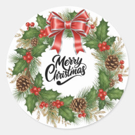 Adesivo Redondo Merry Christmas Wreath Pine Holiday Sticker