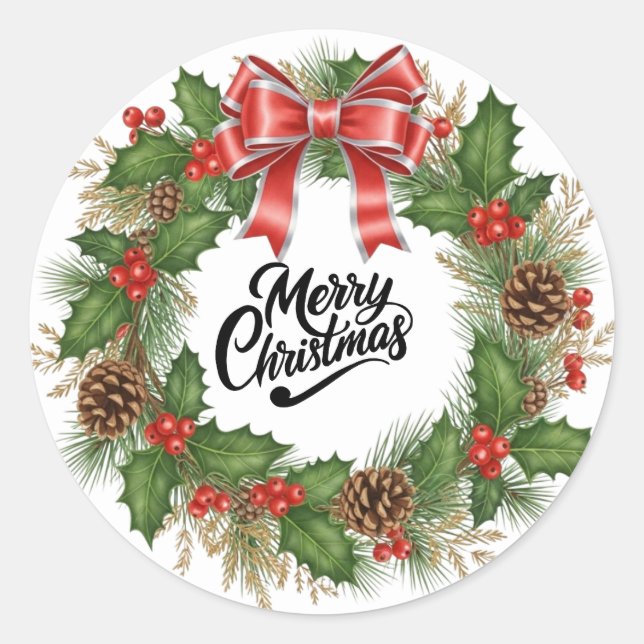 Adesivo Redondo Merry Christmas Wreath Pine Holiday Sticker (Frente)