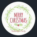 Adesivo Redondo Merry Christmas Wreath Sticker Gift Tag<br><div class="desc">Bonita e na moda Merry Christmas Wreath Sticker Gift Tag é perfeita para suas necessidades de doação de presente de Natal. Há outros produtos que combinam com este design.</div>