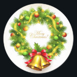 Adesivo Redondo Merry Christmas Wreath Stickers<br><div class="desc">Vinheta de Natal mostrada com uma impressão festiva da coroa de Natal. Personalizar ou comprar como está.</div>