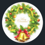 Adesivo Redondo Merry Christmas Wreath Stickers<br><div class="desc">Vinheta de Natal mostrada com uma impressão festiva da coroa de Natal. Personalizar ou comprar como está.</div>