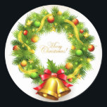 Adesivo Redondo Merry Christmas Wreath Stickers<br><div class="desc">Vinheta de Natal mostrada com uma impressão festiva da coroa de Natal. Personalizar ou comprar como está.</div>