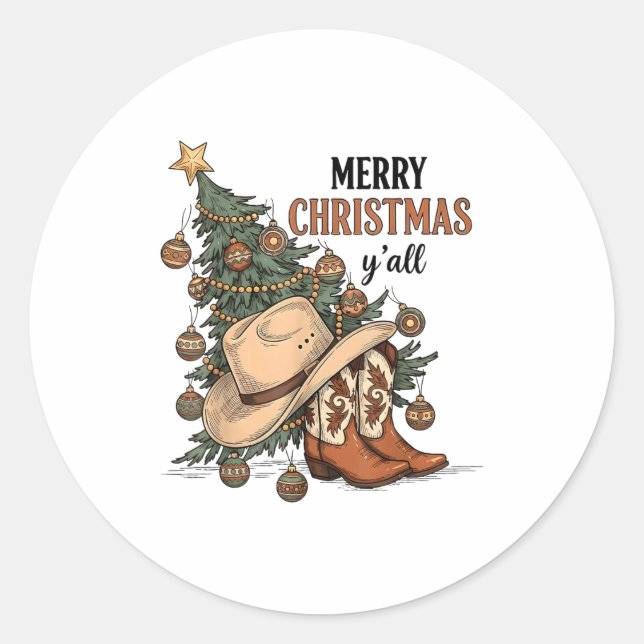 Adesivo Redondo Merry Christmas Y'all Western Cowboy Boots Hat Xma (Frente)