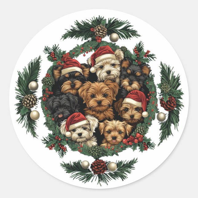 Adesivo Redondo Merry Christmas Yorkshire Terrier Dogs (Frente)