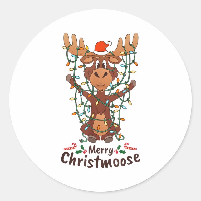 Adesivo Redondo Merry Christmoose Christmas Moose Xmas Tree Lights (Frente)