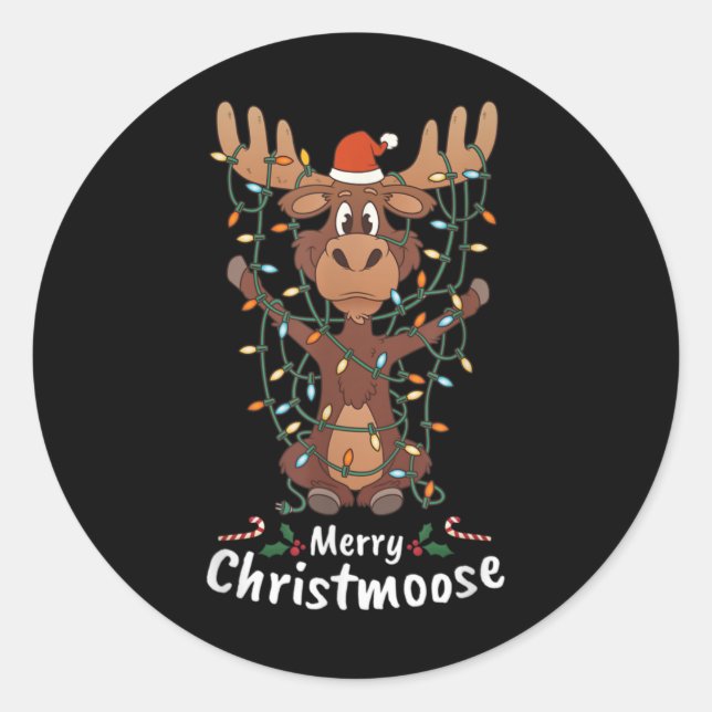 Adesivo Redondo Merry Christmoose Christmas Moose Xmas Tree Lights (Frente)
