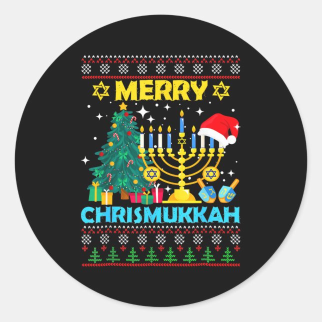 Adesivo Redondo Merry Christmukkah Hanukkah Christmas Tree Xmas Fa (Frente)