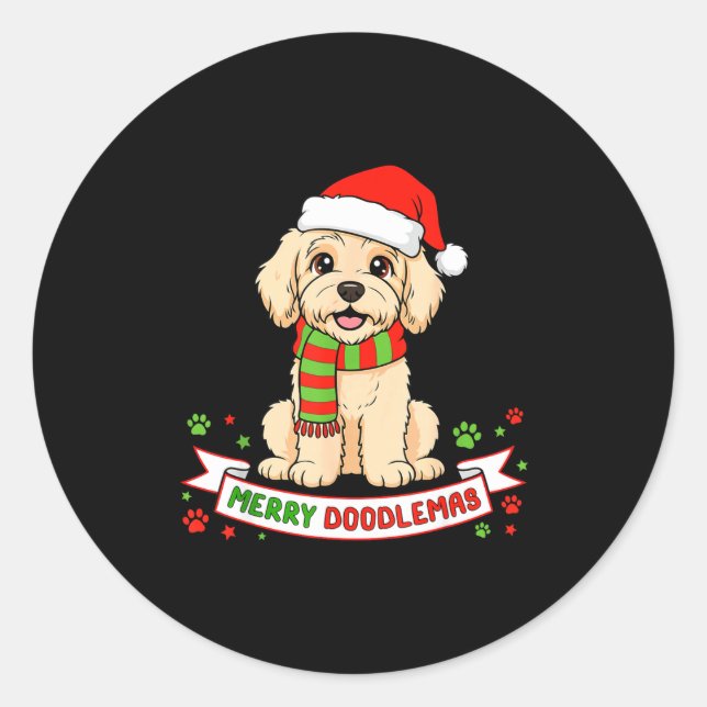 Adesivo Redondo Merry Doodlemas Goldendoodle Christmas Doodle Dog  (Frente)