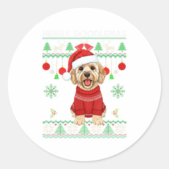 Adesivo Redondo Merry Doodlemas Goldendoodle Wearing Ugly Christma (Frente)