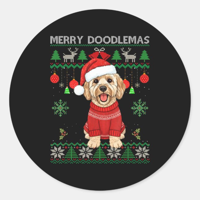Adesivo Redondo Merry Doodlemas Goldendoodle Wearing Ugly Christma (Frente)