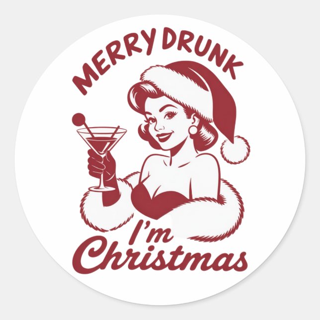 Adesivo Redondo Merry Drunk I'm Christmas Cocktail Snarky Drinking (Frente)