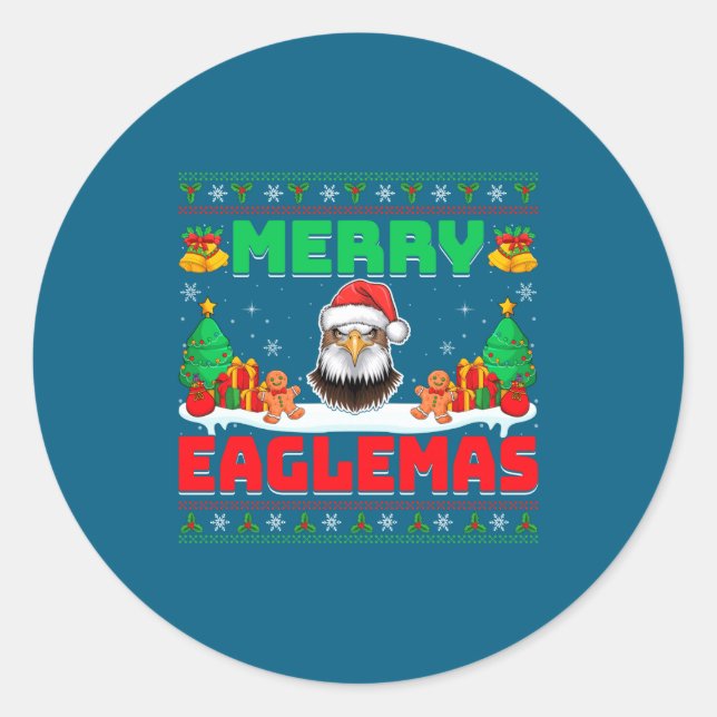 Adesivo Redondo Merry Eaglemas - Eagle Wearing Santa Hat Ugly Chri (Frente)