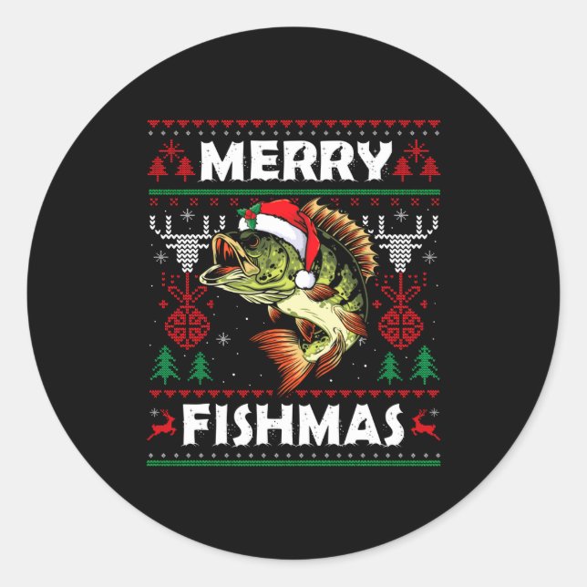 Adesivo Redondo Merry Fishmas B Fish Fishing Christmas Ugly Sweate (Frente)