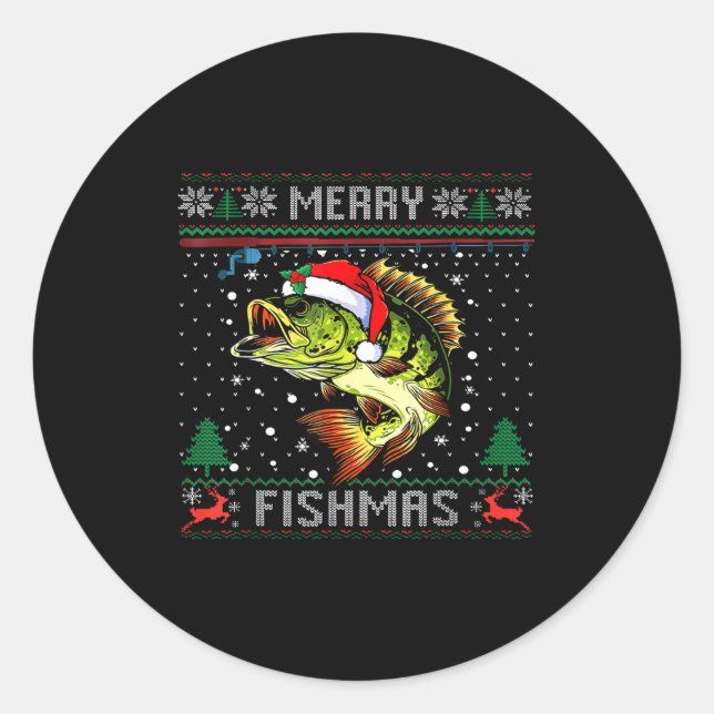 Adesivo Redondo Merry Fishmas B Fish Fishing Christmas Ugly Sweate (Frente)