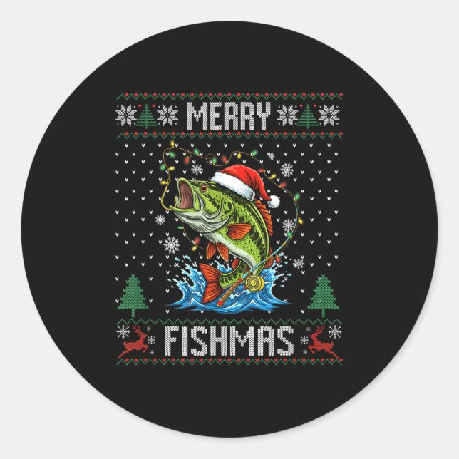 Adesivo Redondo Merry Fishmas B Fish Fishing Christmas Ugly Sweate (Frente)