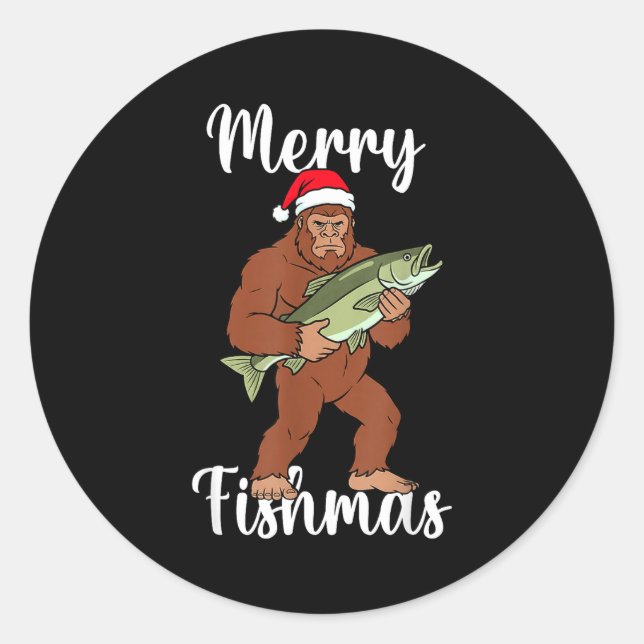 Adesivo Redondo Merry Fishmas Bigfoot Fishing Funny Sasquatch Sant (Frente)