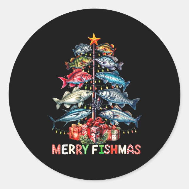 Adesivo Redondo Merry Fishmas Funny Christmas Tree Lights Fishing  (Frente)