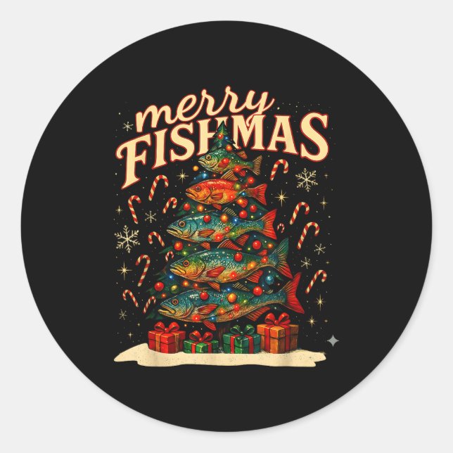 Adesivo Redondo Merry Fishmas Funny Fishing Christmas Design  (Frente)