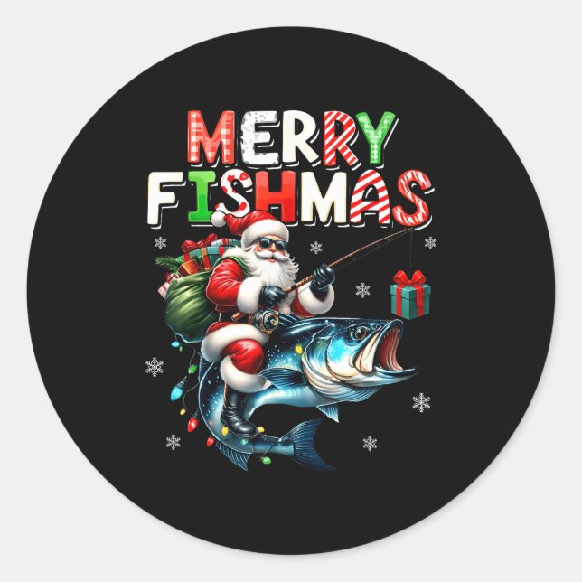Adesivo Redondo Merry Fishmas Santa Fishing Lovers Funny Fisherman (Frente)
