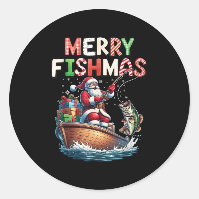 Adesivo Redondo Merry Fishmas Santa Fishing Lovers Funny Fisherman (Frente)