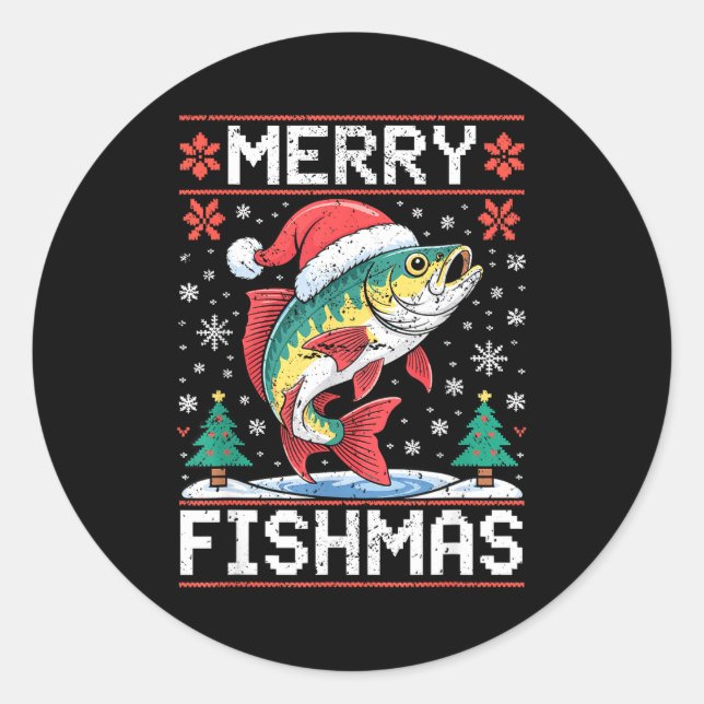 Adesivo Redondo Merry Fishmas Ugly Christmas Sweater Fishing Lover (Frente)