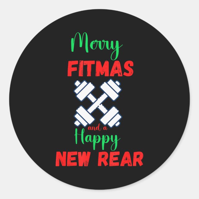 Adesivo Redondo Merry Fitmas And Happy New Rear Fitness Funny Xmas (Frente)