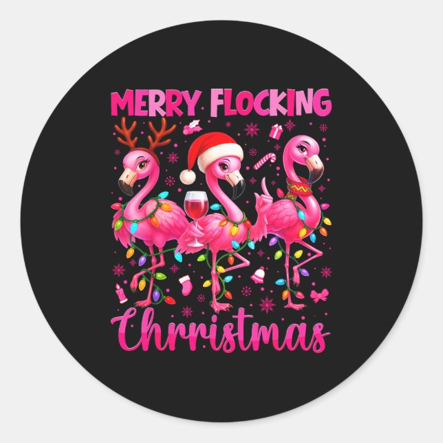 Adesivo Redondo Merry Flocking Christmas Flamingo Drink Pjs Xmas M (Frente)