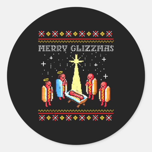 Adesivo Redondo Merry Glizzmas Ugly Christmas Sweater Funny Hot Do (Frente)