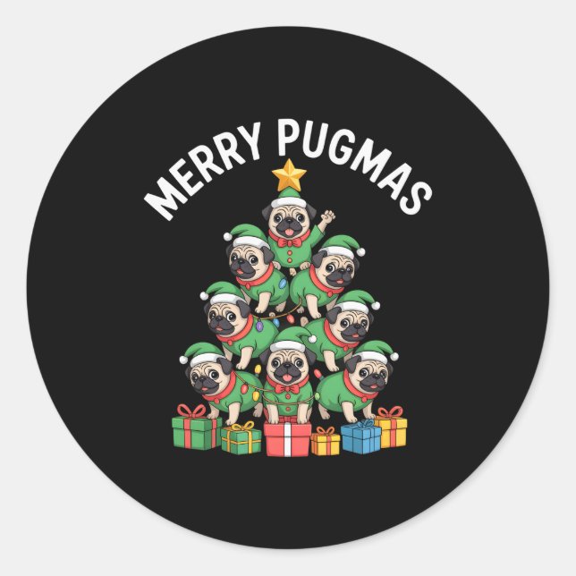 Adesivo Redondo Merry Pugmas Funny Pug Christmas Tree Holiday Long (Frente)