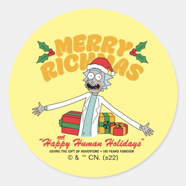 Adesivo Redondo Merry Rickmas and Happy Human Holidays (Frente)