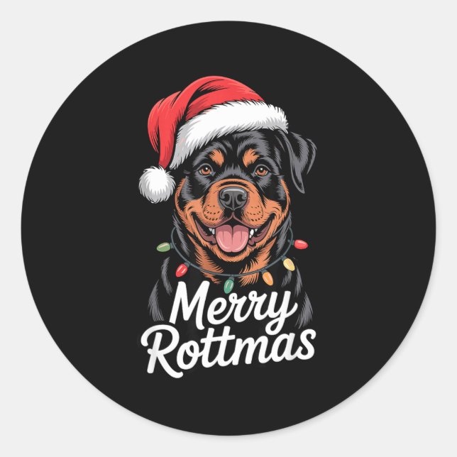 Adesivo Redondo Merry Rottmas Rottweiler Holiday Humor Dog Lovers  (Frente)