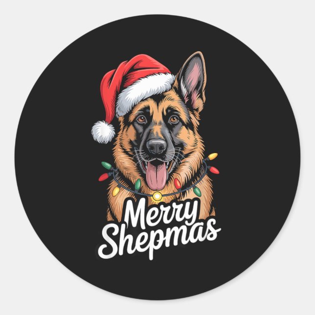 Adesivo Redondo Merry Shepmas German Shepherd Christmas Lights Hum (Frente)