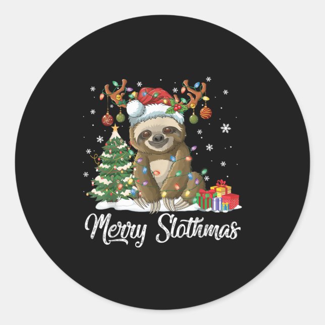Adesivo Redondo Merry Slothmas Funny Sloth Christmas Tree Lights X (Frente)