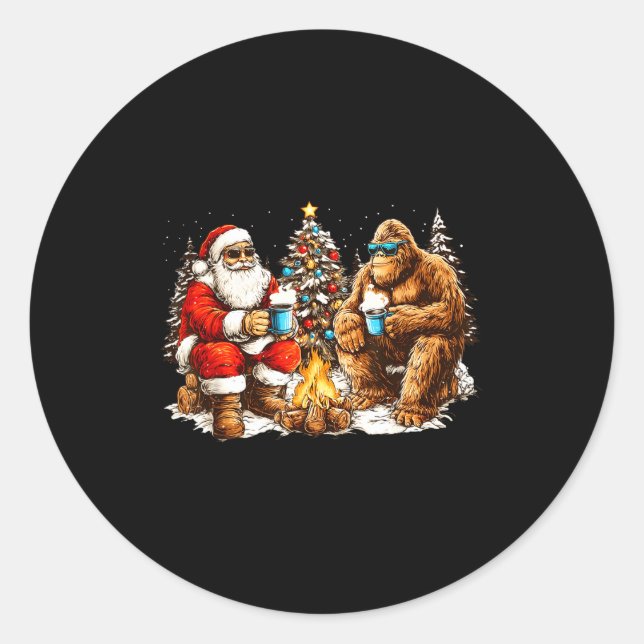 Adesivo Redondo Merry Squatchmas Santa Bigfoot Campfire Mens Boys  (Frente)