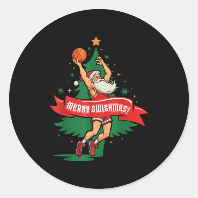 Adesivo Redondo Merry Swishmas Basketball Santa Christmas Pajamas  (Frente)