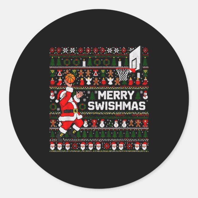 Adesivo Redondo Merry Swishmas Santa Basketball Ugly Sweater Style (Frente)