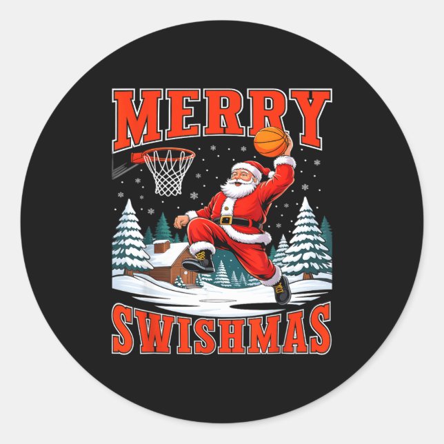 Adesivo Redondo Merry Swishmas Santa Playing Basketball Christmas  (Frente)