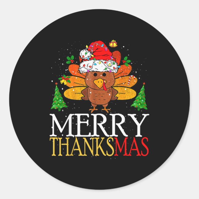 Adesivo Redondo Merry Thanksmas Happy Thanksgiving Santa Turkey  (Frente)