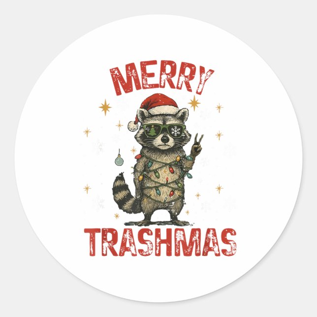 Adesivo Redondo Merry Trashmas Raccoon Christmas Lights Funny Xmas (Frente)