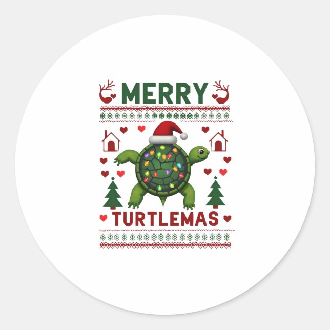 Adesivo Redondo Merry Turtlemas Christmas Lights Cute Turtle Santa (Frente)